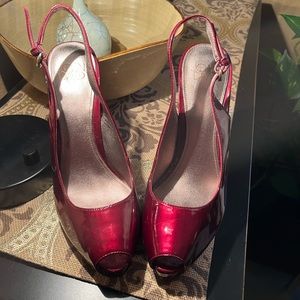 Joan & David maroon patent leather.  Gorgeous sling back peep toe pumps.